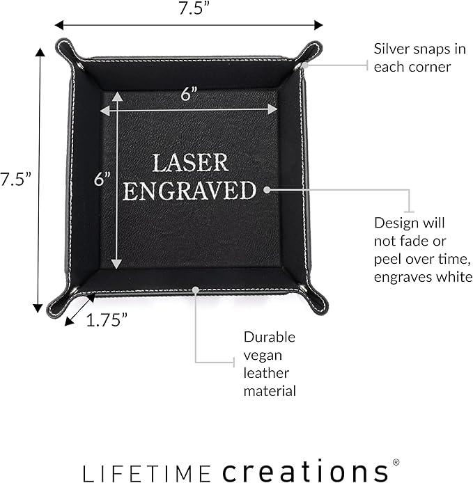 Lifetime Creations Personalized Valet Tray with Last Name and Initial (Black) - Vegan Leather Catchall, Monogrammed, Organizer, Groomsmen Gift
