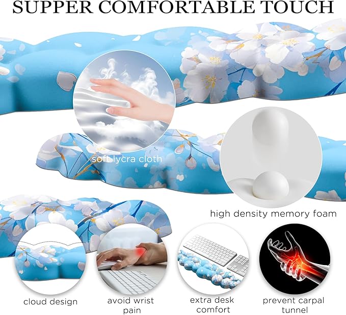 JIKIOU Cloud Wrist Rest Keyboard, Cloud Keyboard Wrist Pad Set with Comfortable Cloth, Cute Arm Rest for Palm Support, PC/Gaming Desk Accessories/Office Setup/Computer Hand Cushion Sakura