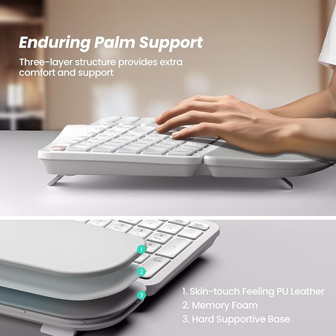 Nulea KM75 Wireless Keyboard and Mouse Combo, Comfortable Natural Typing, Palm Rest, Multi-Device (Bluetooth, 2.4G, Wired), Rechargeable, for Multi-OS, Windows, Mac, Android (White Pink)