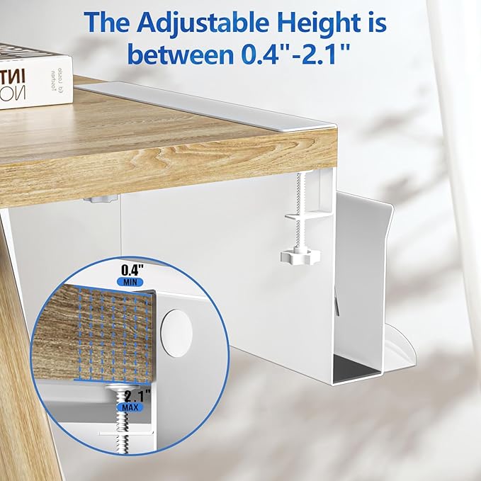 Litwaro Desk Side Storage Organizer, Under Desk Laptop Holder No Drill, Laptop Mount with Magnetic Pen Holder, Hanging Desk Organizer Fits Flat Edge Desks 0.4" to 2.1" (White)