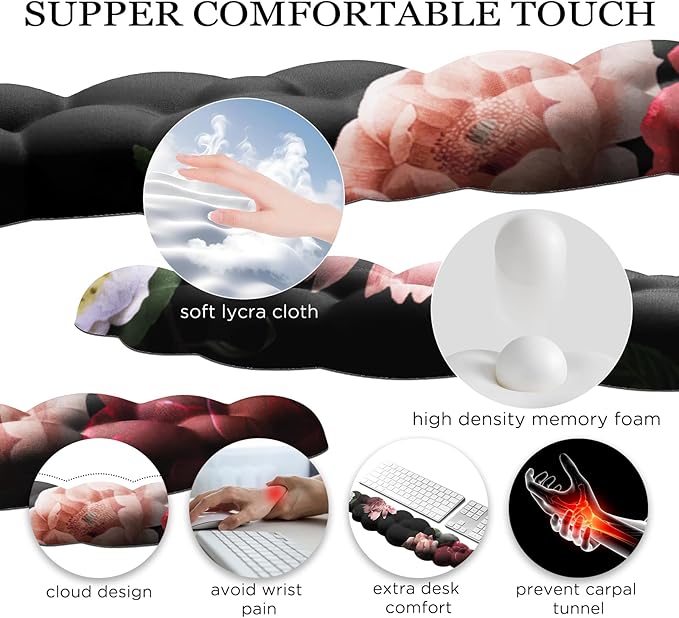 JIKIOU Cloud Wrist Rest Keyboard, Cloud Keyboard Wrist Pad Set with Comfortable Cloth, Cute Arm Rest for Palm Support, PC/Gaming Desk Accessories/Office Setup/Computer Hand Cushion Multicolored Peony