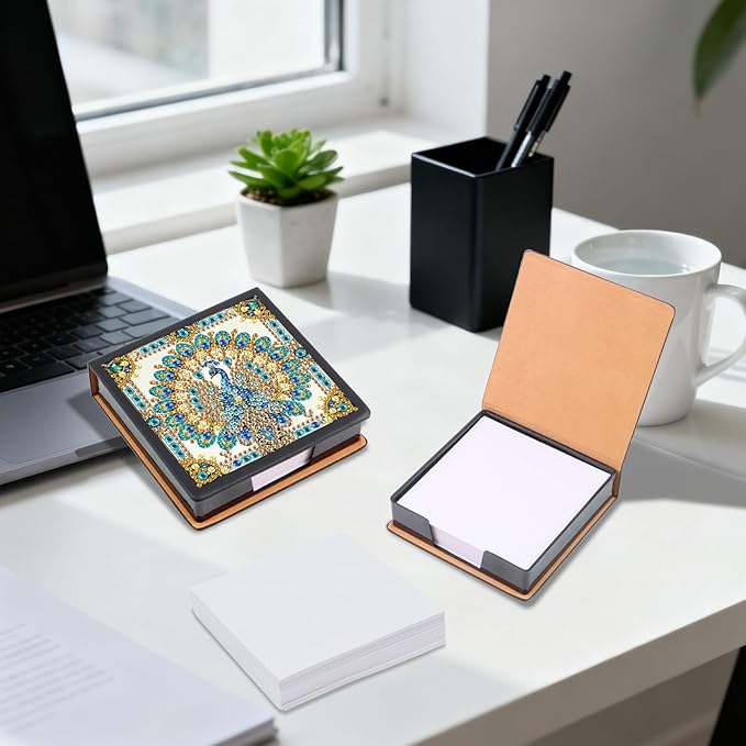 Peacock Diamond Painting Kit Note Box,Memo Paper Storage Box Diamond Art,Sticky Note Holder Diamond Art,Diamond Painting Memo Pad For Office Desk. (Peacock)