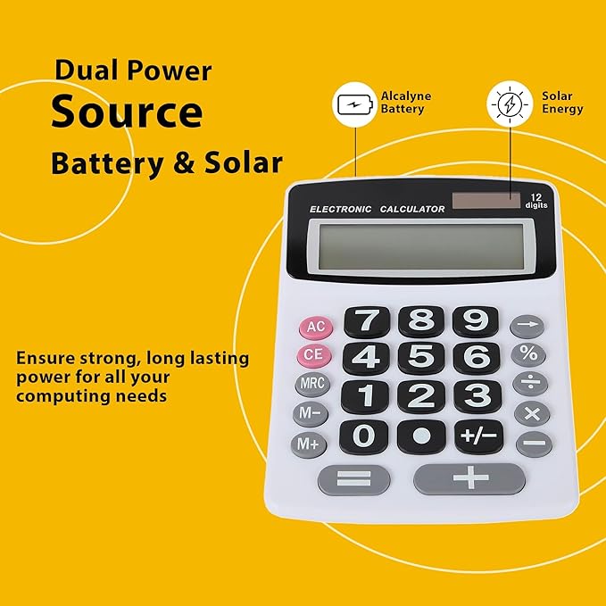 Lily' Home Jumbo 12 Digit, Solar Power, Large LCD Display - Desktop Calculator, Dual Power, Large Button Design, Battery Operation, Easy-to-Read Tilted, for Home, Office, School, Class & Business, 2PK