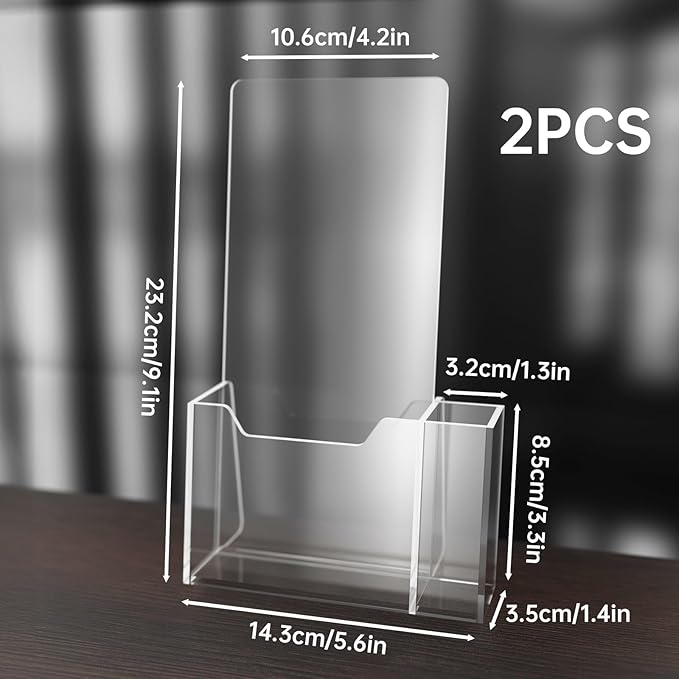 2-Pack Clear Acrylic Brochure Holders 4x9 with Pen Slot, Countertop Display Stands for Flyers, Pamphlets, Menus, Rack Cards, Magazines, Leaflets, Sturdy Back Panels for Desk or Reception Use