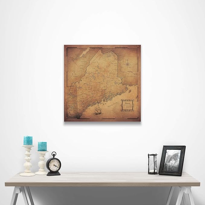 Push Pin Maine Map Board - With Push Pins to Mark Maine Travel - Handmade in Ohio, USA - Design: Golden Aged
