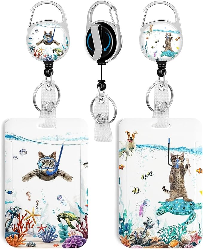 2 Pack Funny Diving Cat ID Badge Holder with Heavy Duty Retractable Reel Keychain for WomenStudents,Teachers, Nurses, Office Use
