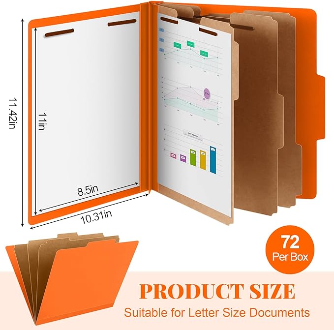 Skyygemm 72 Pcs Classification Folders Letter Size, 3 Divider Pressboard File Folder with Fasteners, Expanding File Organizer Bulk for Teachers, Clergy, Office, Church, Christmas Donations (Orange)
