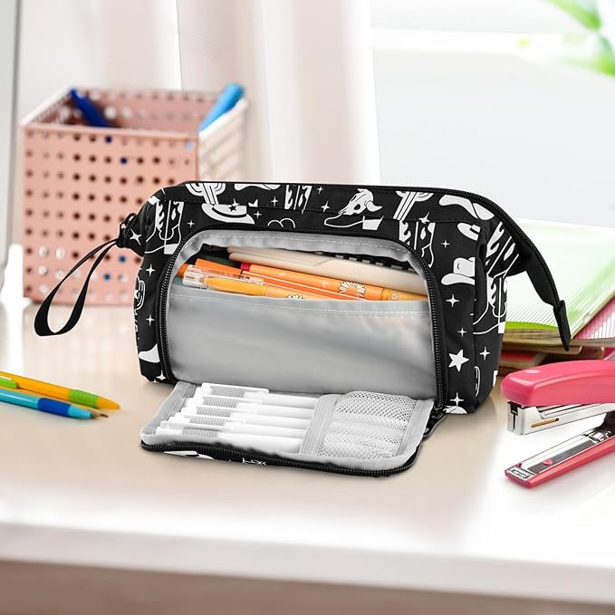 Western Cowboy Black Pencil Case Pouch Big Capacity Pencil Bag Box Organizer Pen Case with Zipper Pencil Boxes for Girls Boys Women School College Office