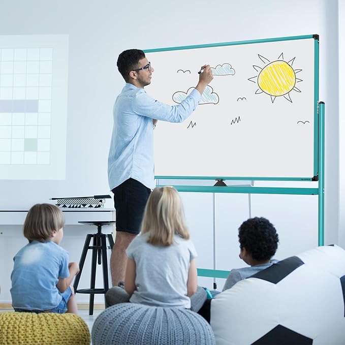 Large Dry-Erase Rolling Magnetic Whiteboard - 48 x 32 Inches Dry Erase Board with Stand Height Adjust Double Sides Mobile White Board Easel on Wheels with 25 Sheets Paper Pad Office, Home & Classroom