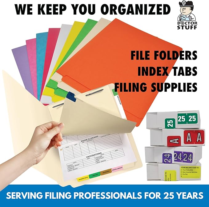 Yellow Medical File Folder, USA Made, Doctor Stuff, One 2" Bonded Fastener Top Right Position 1, Durable 11pt, Reinforced End Tab File Folders with Prong, Medical Charts/Patient Chart, 50/Box