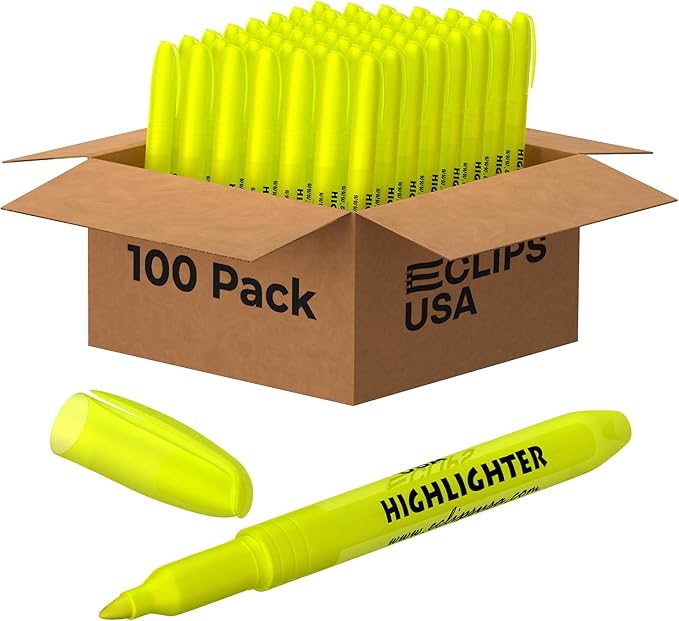 E-CLIPS USA Highlighters Bulk, Slim Yellow Highlighter Markers, Fine Tip, Fluorescent Yellow, Office Supplies, School Supplies (100 Pack)