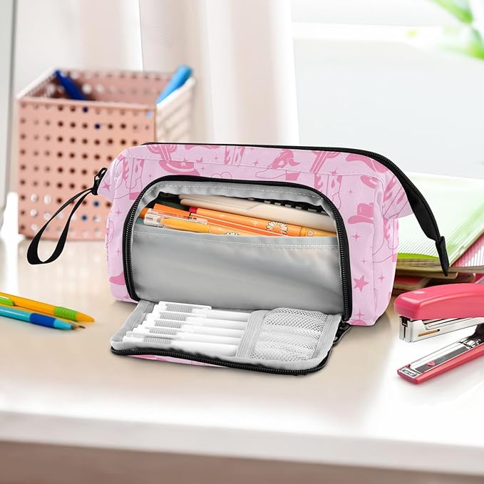 Western Cowboy Pink Pencil Case Pouch Big Capacity Pencil Bag Box Organizer Pen Case Pencil Pouch Aesthetic with Handle for Teen Girls Boy College Women School