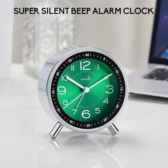 Super Silent Metal Alarm Clock,Beep Wake Round Alarm Clock with Strip Night Light,Battery Operated,Easy Set,Simple & Retro for Desk, Bedroom and Home Decoration(Emerald Green)