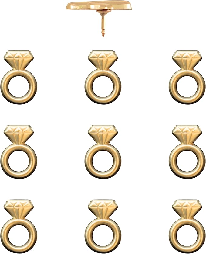 Engagement Ring Push Pins - Gold Diamond Ring Map Pins for Cork Boards, Maps, or Lapel Use - Designed in USA - Set of 10