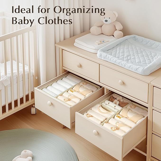DIMJ Drawer Organizers Clothes, Set of 14 Dresser Organizer Bins, Fabric Closet Organizers and Storage, Shallow Drawer Dividers for Nursery, Clothing, Baby Clothes, Socks, Underwears, Tie (Beige)