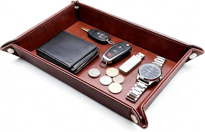 Leather Valet Tray Organizer, Catchall Tray, Desktop Storage for Keys, Coins, Wallet, Phone, Jewelry | Multi-Use Entryway Table, Desk & Nightstand Storage for Men & Women (Maroon)