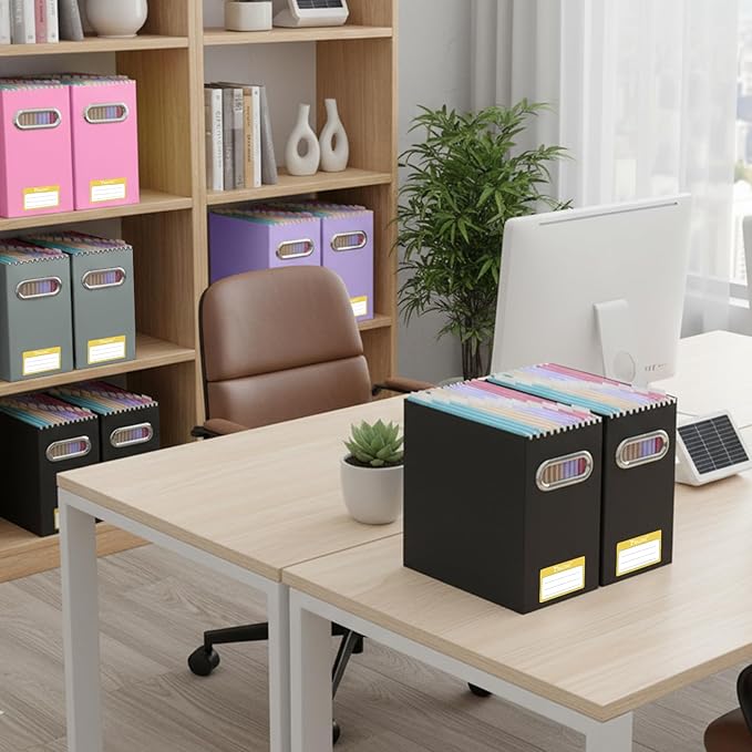 BALEINE File Organizer Box, Cardboard File Folder Organizer with Handle for Letter Size, Portable Collapsible Hanging Filing Box for Home Office Document Storage (4 Pack, Pink)