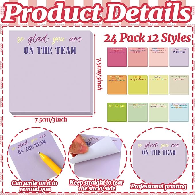 Yinder 24 Pcs Employee Appreciation Sticky Notes New Year Gift Bulk Motivation Sticky Note Pads Inspirational Gift for Teacher Nurse Staff Coworker Office Supply 3 x 3'' (Appreciation,Vivid)
