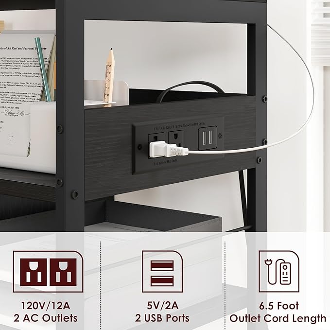 GarveeLife Printer Stand with Power Outlets, 4-Tier Rolling Printer Table with Lockable Wheels, Heavy Duty Printer Cart with Storage, Utility Storage Cart for Home, Office, Black