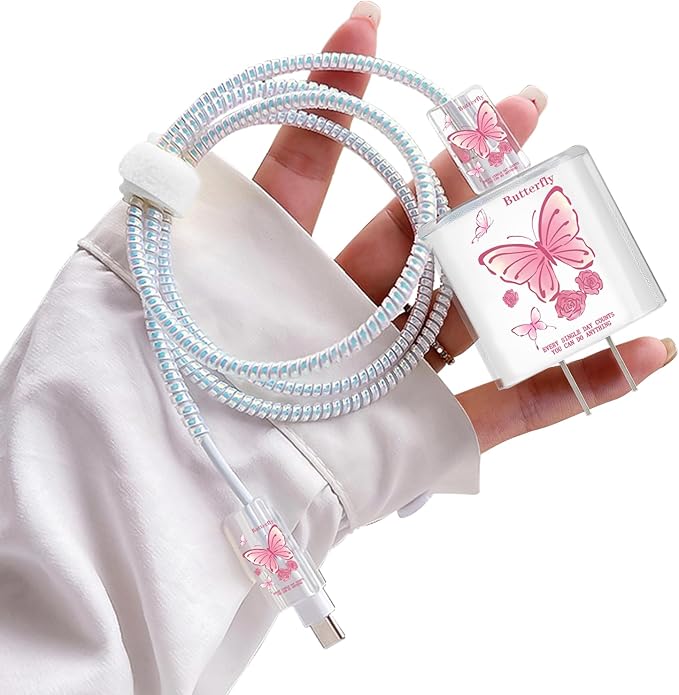 Lovely DIY Cable Protector for iPhone 18W/20W Adapter Charger, Cute Pink Butterfly Design Transparent Data Line Cable Saver Phone Charging Protector for Apple Charger Case
