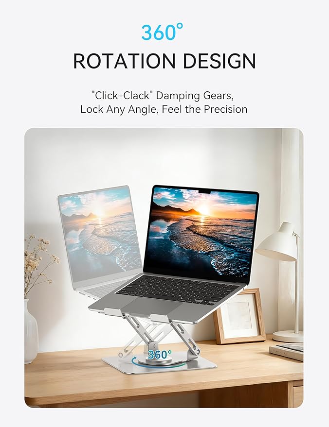 SOUNDANCE Laptop Stand with 360° Rotating Base, Ergonomic Computer Riser for Desk, Adjutable Height Muti-Angle, Foldable Laptop Mount, Stable Metal Holder Support 10-15.6" Notebook PC, Silver Grey