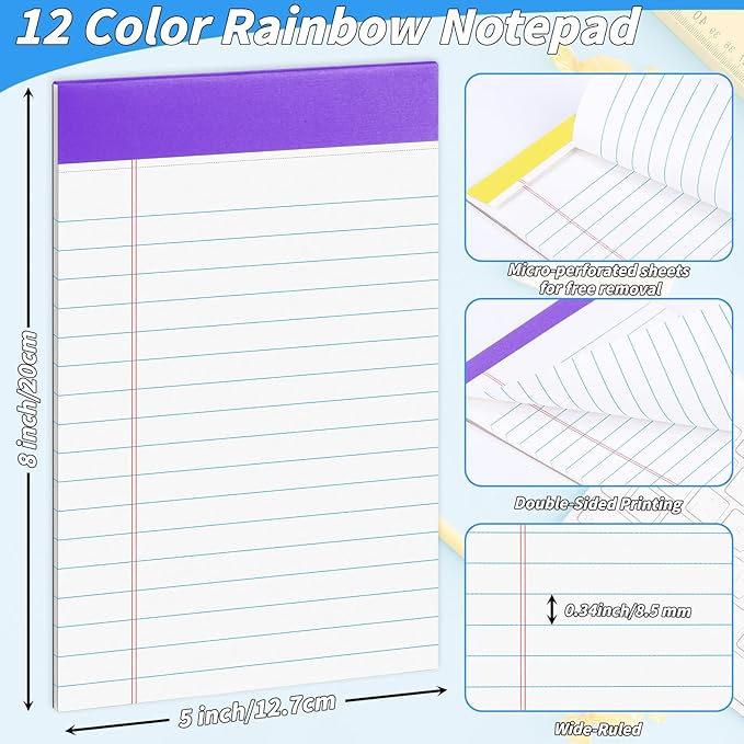 36 Pack Legal Pads Bulk, 5x8 Inch Rainbow Notepad, Note Pads College Ruled Perforated Memo Pad for Work Study Daily Note Taking List, Lined Writing Pads Memo Refills Notepads for Office Home School