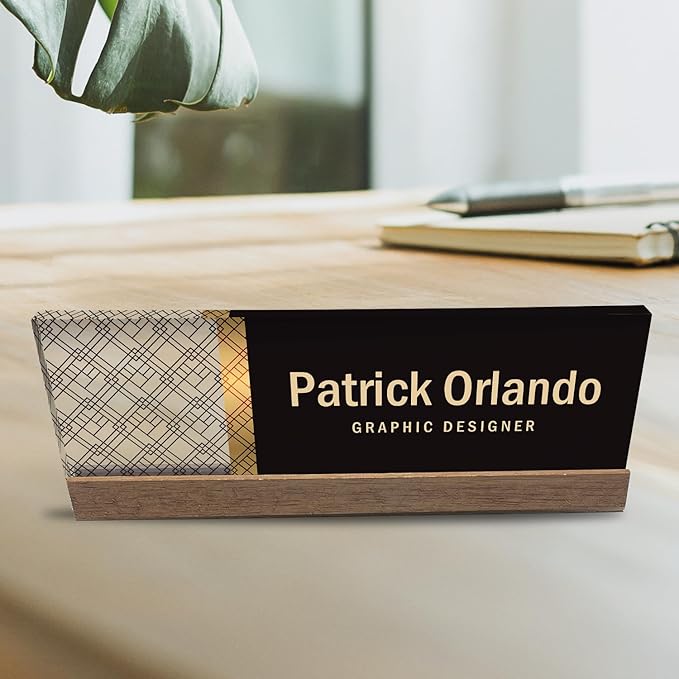 Artblox Personalized Office Desk Name Plate and Business Card Holder | Clear Acrylic Glass with Teak Wood Stand | Abstract Net Design Customized with Your Name and Credentials Office Desk Décor