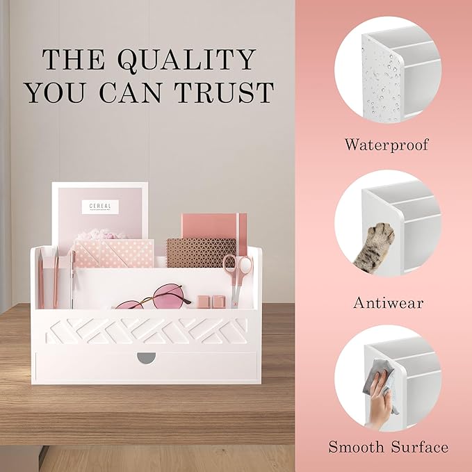 Wisuce Bamboo Mail Organizer Countertop Desktop with Drawer - Desk File Organizer for Office Supplies All-in-One Desk File Drawer with Pencil Holder for Paper Letter Envelope Bill