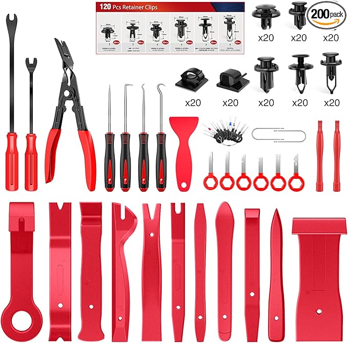 Nilight 200Pcs Trim Removal Tool, Auto Push Pin Bumper Retainer Clip Set Fastener Terminal Remover Adhesive Cable Clips Round Handle Crowbar Kit Car Panel Radio Auto Clip Pliers