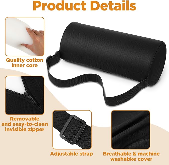 Lumbar Support Pillow for Office Chair and Car Seat, 2 PCS Lumbar Rolls with Adjustable Strap & Washable Cover, Memory Foam Back Support Cushion - Improves Posture(Black)