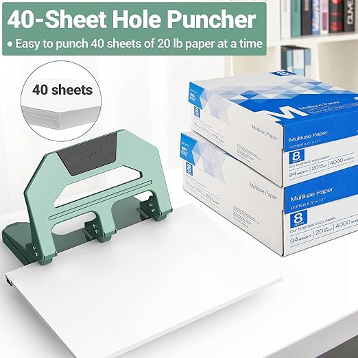 AFMAT Heavy Duty 3 Hole Puncher, 40-Sheet Three Hole Punch Heavy Duty, 50% Reduced Effort Paper Punch, 10K+ Uses, Metal Hole Puncher 3 Ring w/Large Tray, Bulit-in S.S. Paper Guide HPX2(Green)