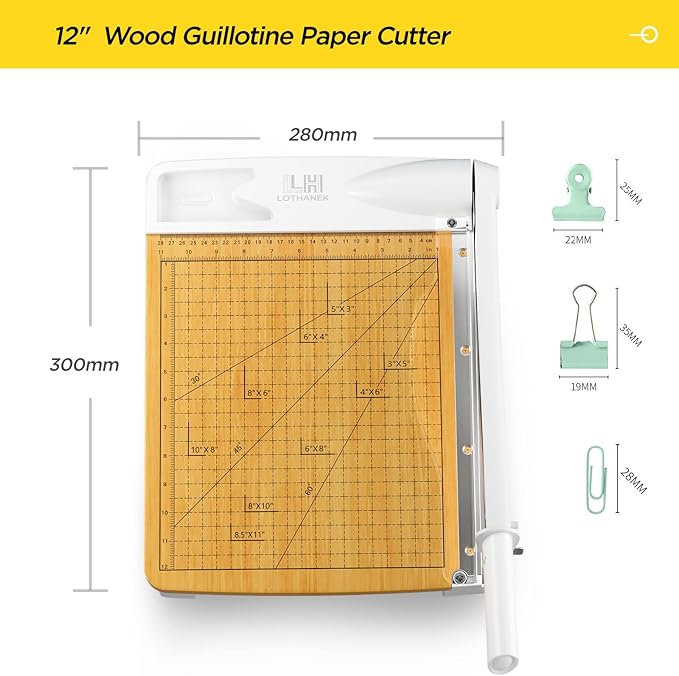 12 inch Wood Guillotine Paper Cutter, Heavy Duty Wood Paper Trimmer with 16 Sheets Paper Cutting Board for Classroom, Crafting, Cardstock, Art Projects (White)