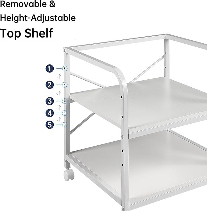 20 Inches Deep Large Printer Stand, 2 Tier Under Desk Printer Table with Height Adjustable Shelf, Rolling Printer Cart with Wheels for Home Office Storage - White