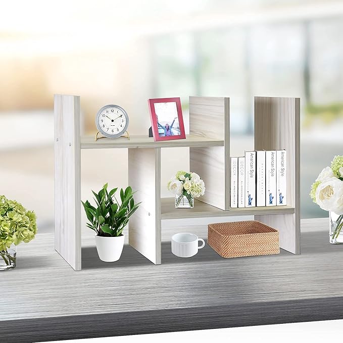 J.M.Deco Desktop Organizers and Storage for Office, Adjustable Desk Organizer Shelf Double H Display, True Natural Stand Shelf, Desktop Organizer White Wood Tone