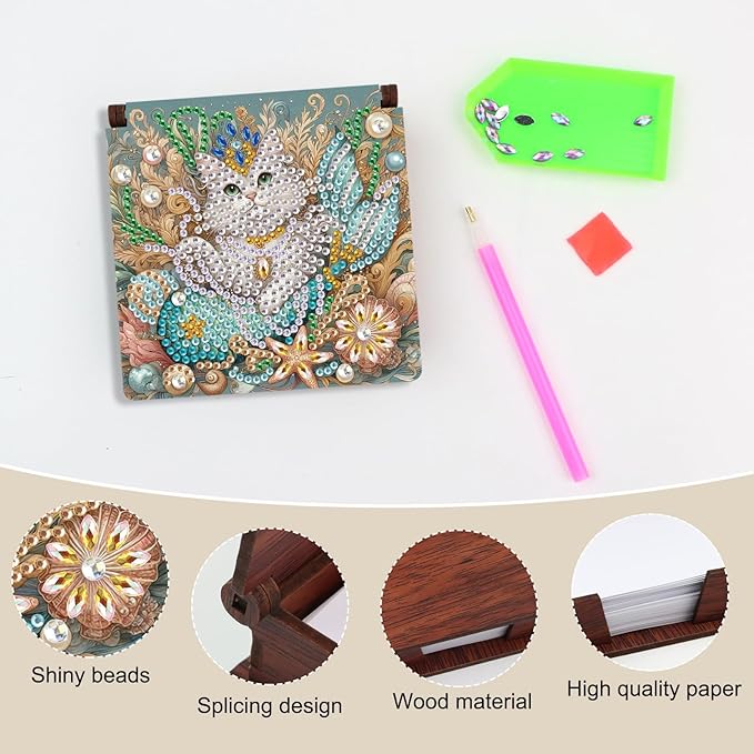 Wooden DIY White Cat Diamond Art Notecard Box – DIY Gem Art Sticky Note Holder for Adults 160 Sheets Memo Pad Storage