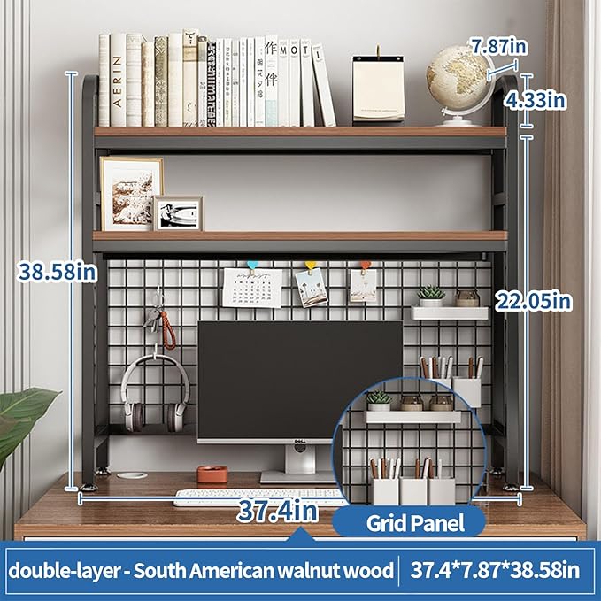 Desk Shelf Bookcase 2-Tier Metal Desktop Bookshelf Hutch with Grid Panel and DIY design possible Multipurpose Storage Organizer Display Rack for Dorm Office Home Computer Desk(Black 37.4"×7.9"×38.6")