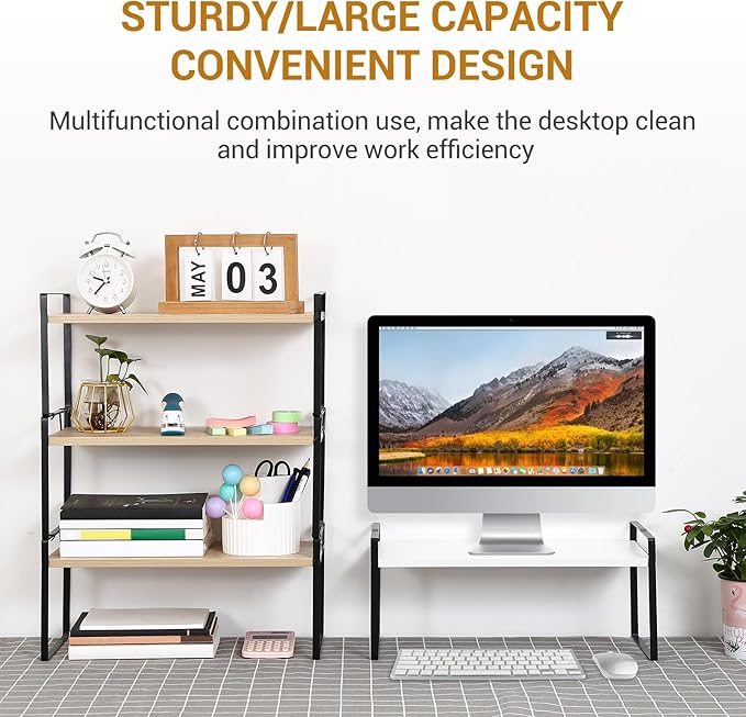 YGYQZ Wood Office Desk Shelf Organizer - Desktop Supplies Cute Dresser Top Organization Storage Rack and Cubicle Decor Aesthetic Bookshelf for Women Man and Kids (Black White-Two Tier)