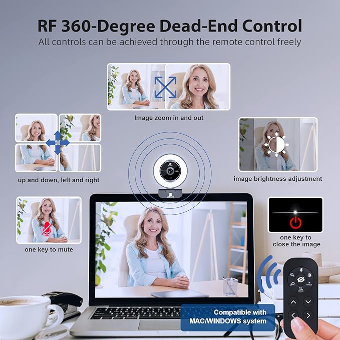 VITADE Zoomable Webcam with Remote Control, 1080P 60FPS Streaming Webcam with Adjustable Ring Light and Tripod, Pro USB 5X Digital Zoom Webcam for Zoom/Skype Teams/Laptop/Mac Windows