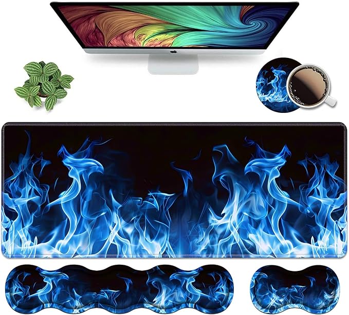 Ergonomic Keyboard Wrist Rest and Mouse Pad Wrist Rest Set, Large XXL Gaming Mousepad 31.5"x 11.8", Memory Foam, Easy Typing Pain Relief, Multifunctional Desk Mat for Office & Home, Blue Flame