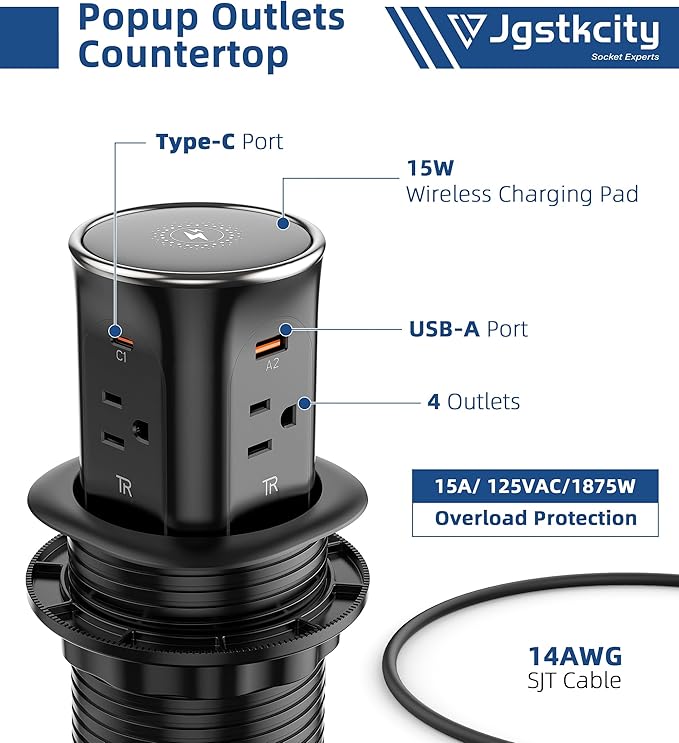 Jgstkcity Pop Up Countertop Outlet Recessed Power Strip with 15W Wireless Charger,45W USB C,3.15 inch Desk Hole,Ideal for Kitchen Island & Conference Table Receptacle (Black, 6FT-45W USB Ports)