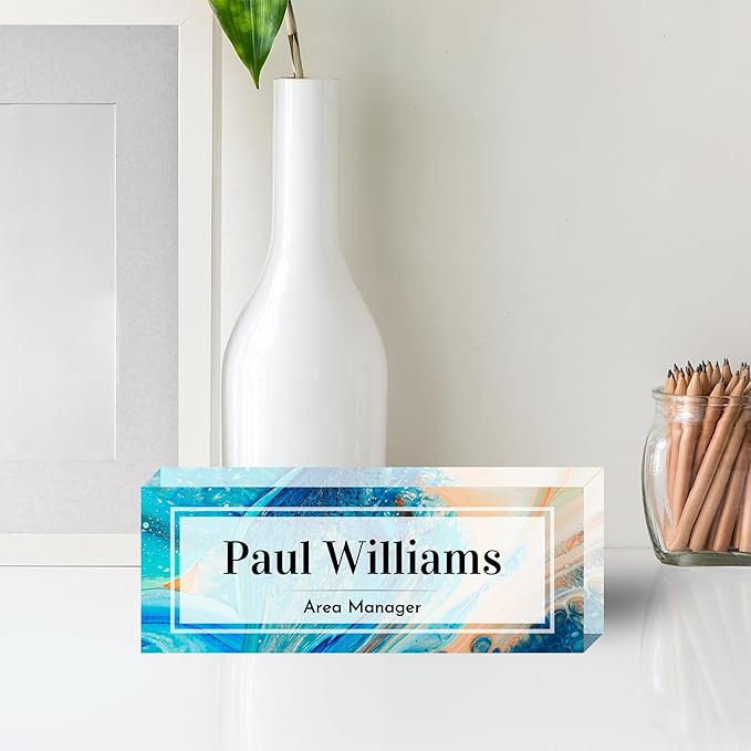 Customized Clear Acrylic Thick 8x3" Acrylic Black - Desk Name Plate Block with Personalized Logo - Professional Office Decor - Customized Acrylic Plate Gift for Teacher Co-workers (Blue-Beige Paint)