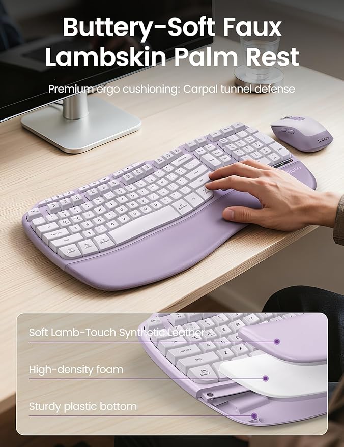 Purple Ergonomic Wireless Keyboard and Mouse Combo, Sablute 2.4G Full Size Ergo Wave Key Board with Cushioned Plam Rest, Natural Typing, 3 DPI Adjustable Silent Mouse for Computer/Laptop/Windows/Mac