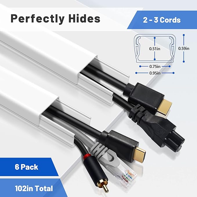 102in TV Wall Cord Hider, Cord Covers for Wall Mounted TV, Paintable TV Cable Hider Wall Kit, PVC Wire Hiders for TV on Wall, Cable Cover Wall Wire Cover, Cable Raceway White, 6X L17in W0.95 H0.59in