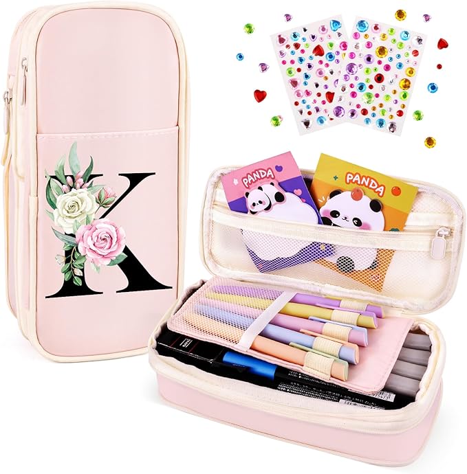 Preppy Pencil Case for Girls, Cute Large Pencil Pouch, Personalized Initial Pencil Bag with Zipper for School College Office Supplies, Back to School Supplies Gifts for Teen Girls (K, Pink)