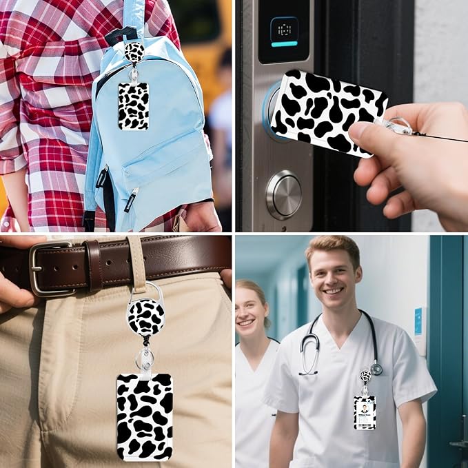 2 Pack Cow Print ID Badge Holder with Heavy Duty Retractable Reel Keychain for WomenStudents,Teachers, Nurses, Office Use