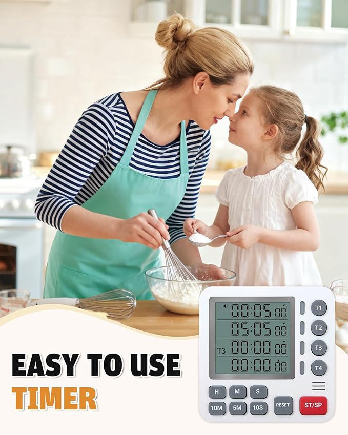Digital Kitchen Timer - 4-Channel Cooking Timer with Alarm, Magnetic Back, Loud & Silent Modes, Count Up/Down, Ideal for ovens, Seniors, Kids and classrooms, Replaceable AAA Battery