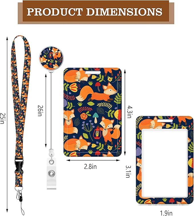 BLOCIT ID Badge Holder with Lanyard - Fashionable ID Card Holders with Retractable Lanyards - Soft Fiber Metal Clip Sturdy Buckle for Key Wallet - Work Nurse Teacher (Cute Flower Fox)