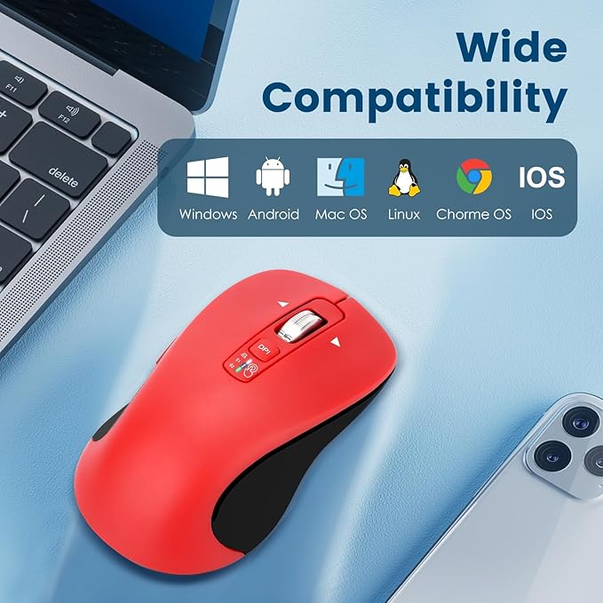 Wireless Bluetooth Mouse (USB + BT1 + BT2), Full Size, 4-Way Scrolling, Multi-Device Silent Mouse for Computer, Laptop, iPad, MacBook (Red)