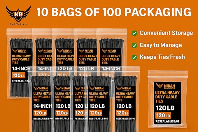 14 inch Zip Ties Black (1000 Pack) 120lbs Ultra Heavy Duty Tensile Strength, UV Resistant, Self-Locking, Heavy Duty Nylon Cable Ties Wire Ties for HVAC, Home, Office, Contractors, Businesses by Nirah