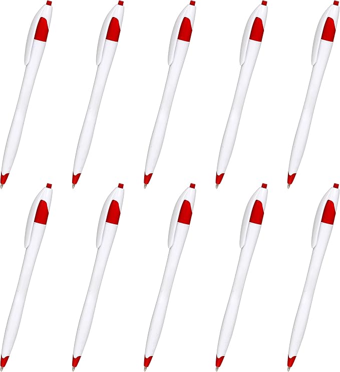 DISCOUNT PROMOS Slim Curvy Ballpoint Pens Set of 10, Bulk Pack - Black Ink, Retractable, Great for Office, School, Tradeshows - Red